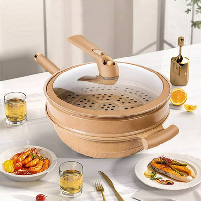 Wok antiadherente de terracota con cesta de vapor